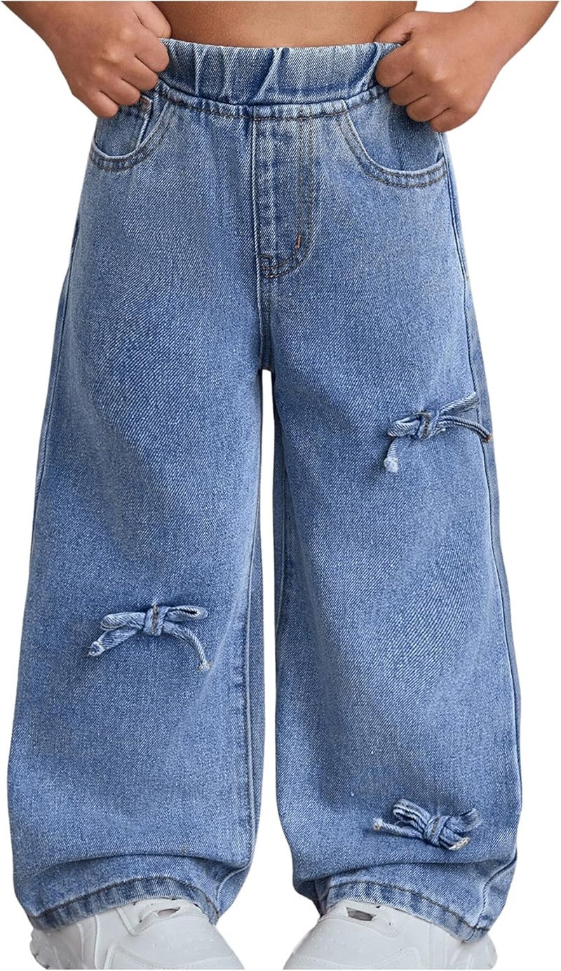 WDIRARA Girls' Bow Decor High Waisted Jeans Straight Leg Elastic Casual Denim Long Pants - Image 1